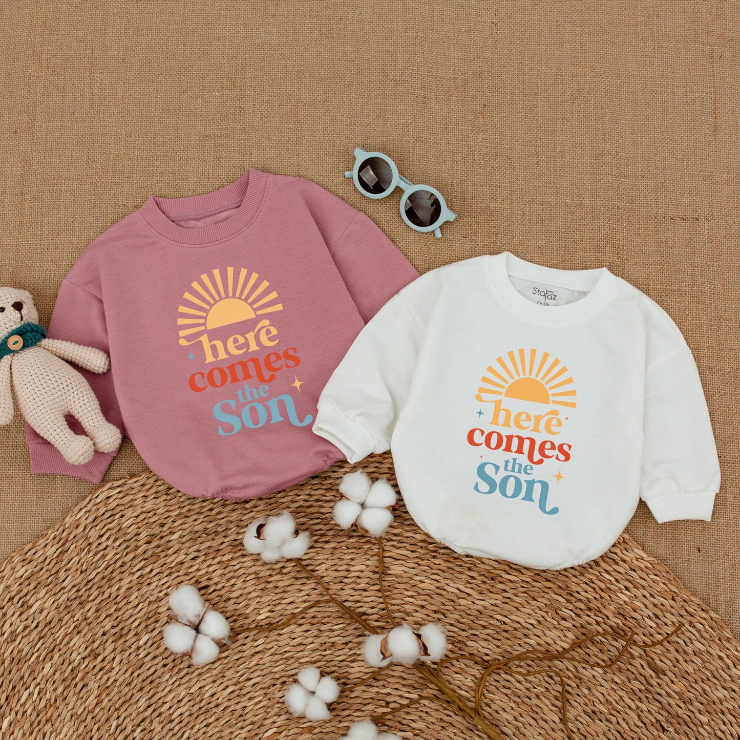 Here Comes the Son Romper Retro Sunshine Baby Bodysuit Minimalist Newborn Coming Home Outfit Playful Yellow Orange Blue Summer Starburst Design