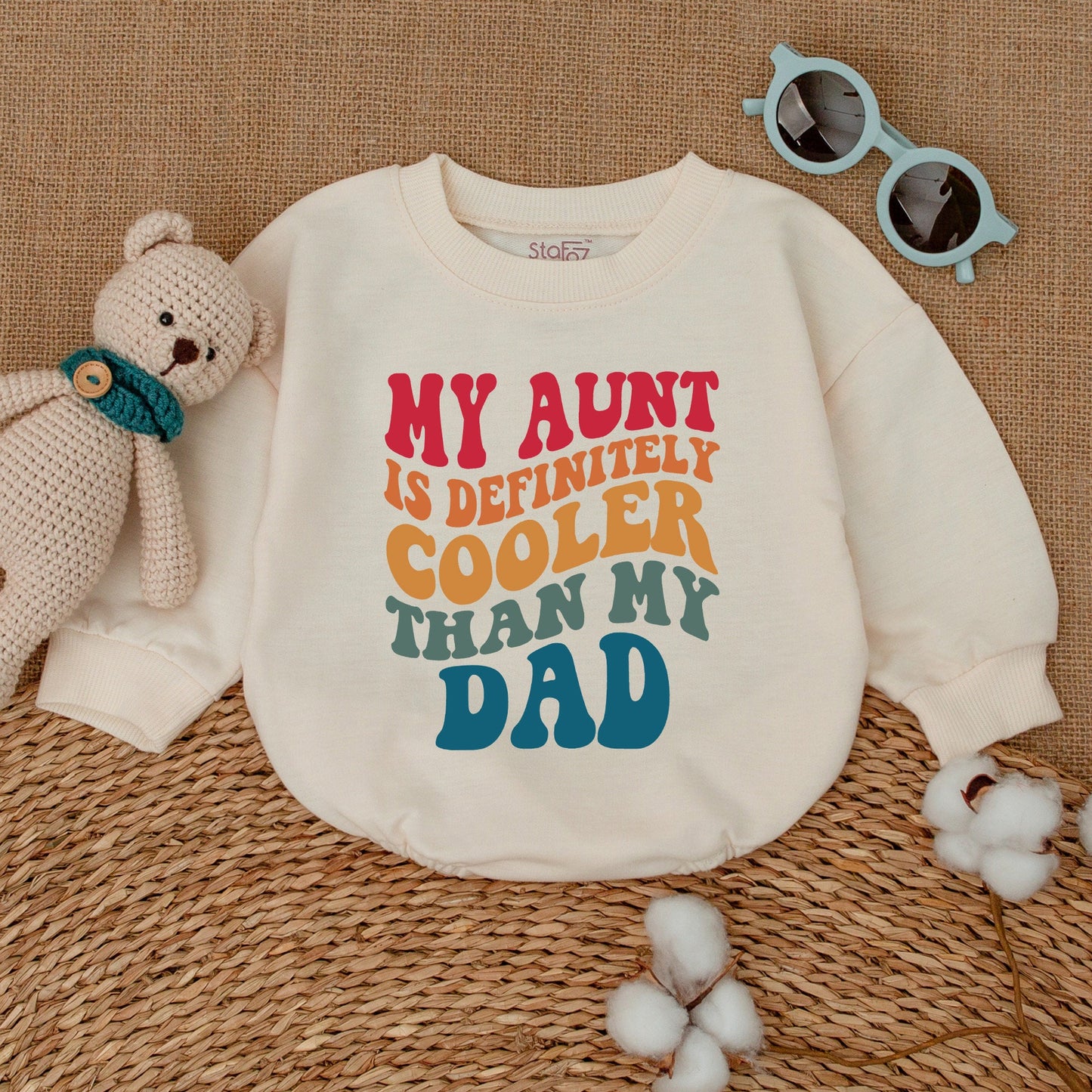 My Aunt is Definitely Cooler Than My Dad Retro Baby Romper, Vintage Auntie's Bestie Bodysuit with Bubbly Font Design, Cool Aunt Shower Gift