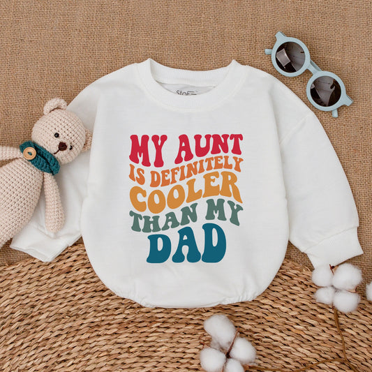 My Aunt is Definitely Cooler Than My Dad Retro Baby Romper, Vintage Auntie's Bestie Bodysuit with Bubbly Font Design, Cool Aunt Shower Gift