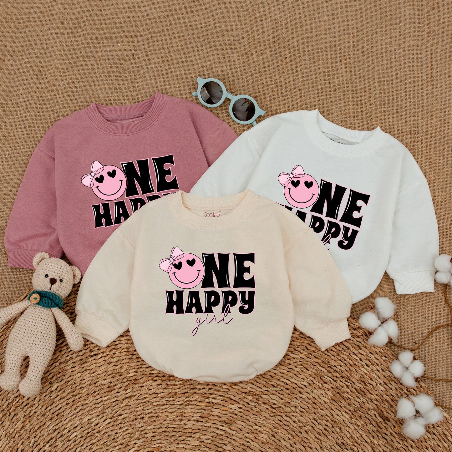 One Happy Girl Romper Matching Family Birthday Outfit Pink Smiley Face Bow Heart Eye Cake Smash Baby Girl Bodysuit Comfortable Soft Cotton
