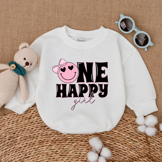 One Happy Girl Romper Matching Family Birthday Outfit Pink Smiley Face Bow Heart Eye Cake Smash Baby Girl Bodysuit Comfortable Soft Cotton