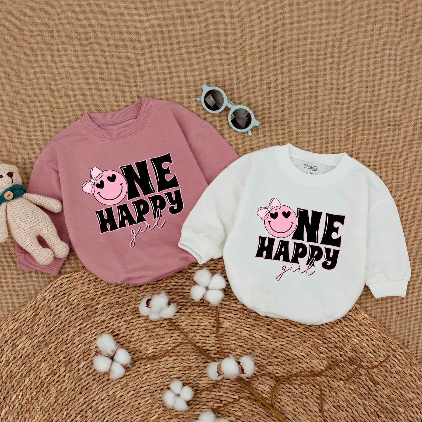 One Happy Girl Romper Matching Family Birthday Outfit Pink Smiley Face Bow Heart Eye Cake Smash Baby Girl Bodysuit Comfortable Soft Cotton