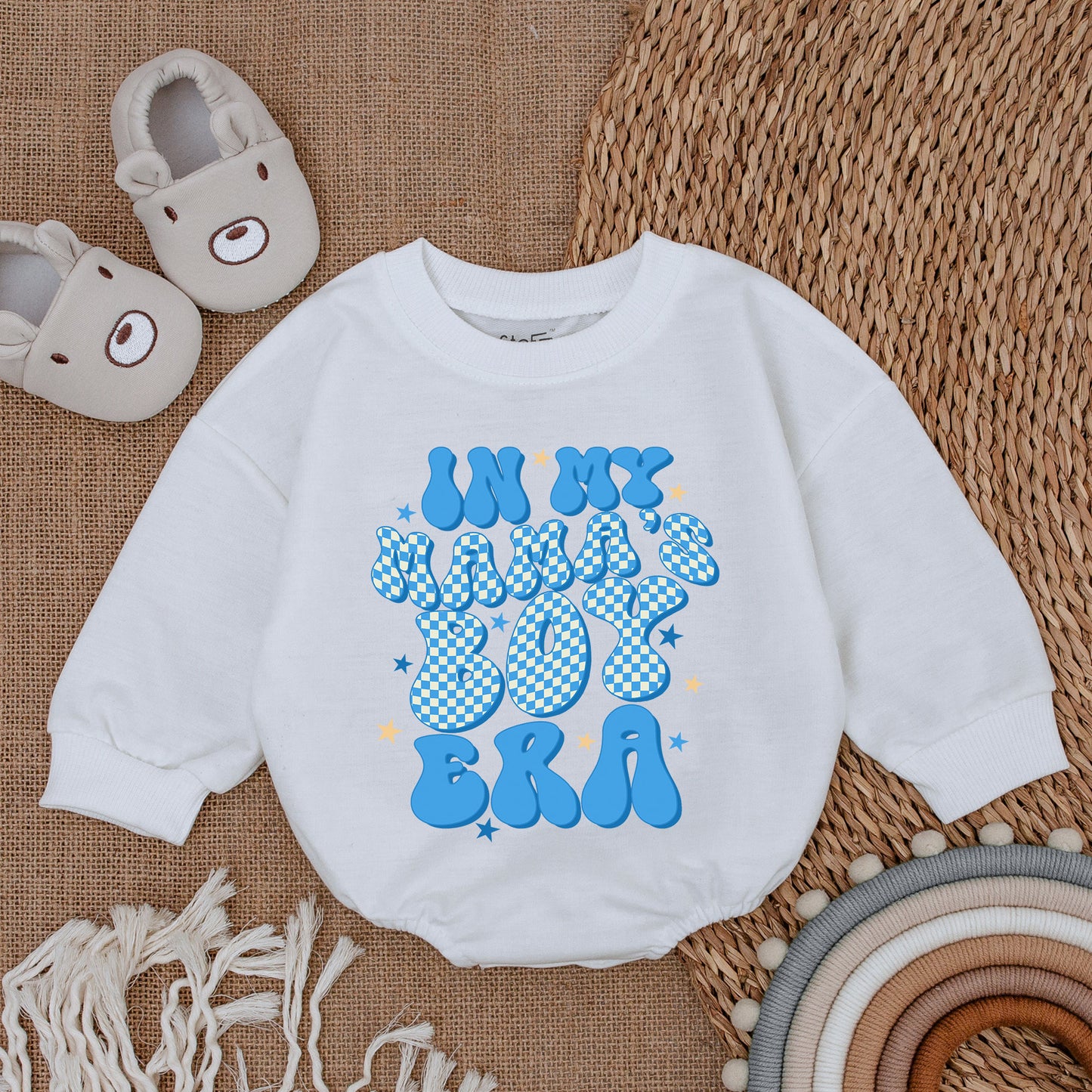 My Mama's Boy Era Retro Romper for Baby Boy featuring Blue Checkerboard Mama's Boy Bodysuit Playful Star Design Comfortable Cotton Outfit Gift Idea