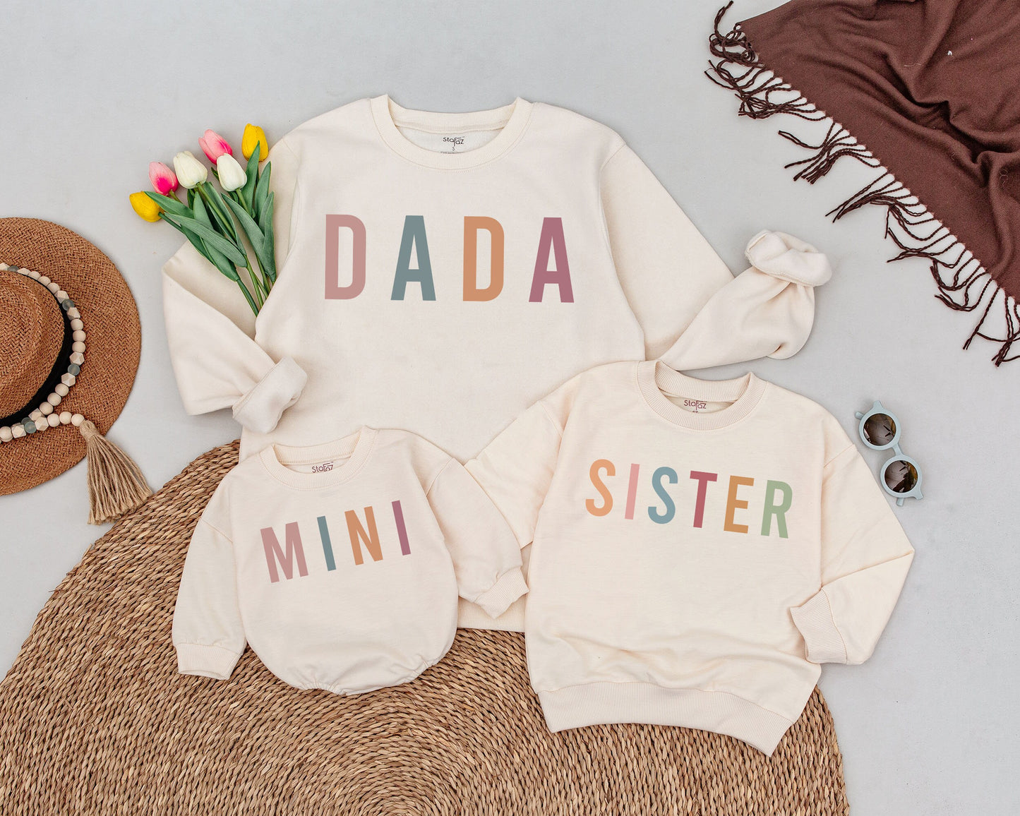 Mama and Mini Matching Sweatshirts Stacked Colorful Letters Mom Daughter Cozy Fall Halloween Thanksgiving Outfit Modern Retro Style