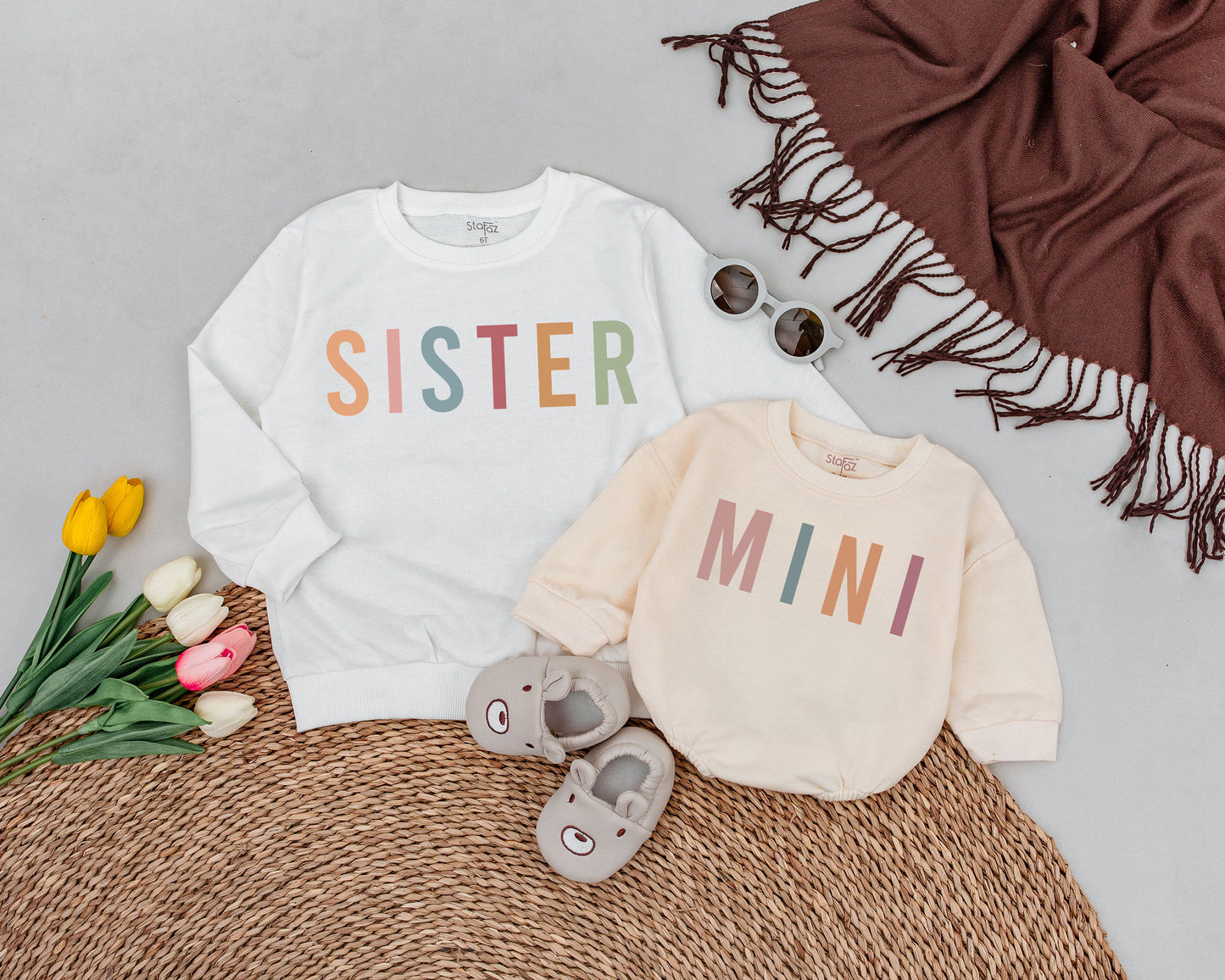 Mama and Mini Matching Sweatshirts Stacked Colorful Letters Mom Daughter Cozy Fall Halloween Thanksgiving Outfit Modern Retro Style