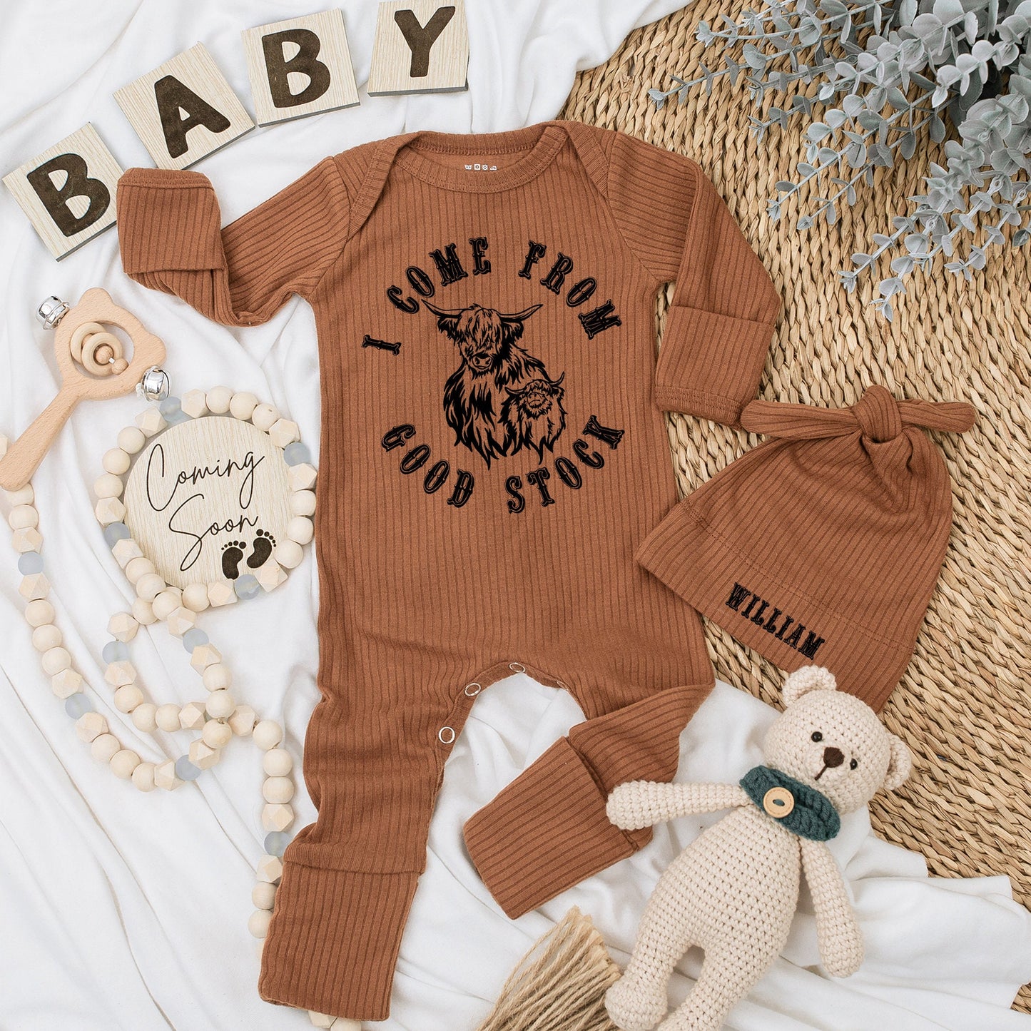 Highland Cow Baby Bodysuit Hat Set I Come From Good Stock William Newborn Infant Shower Gift Rustic Charming Long Sleeve Outfit