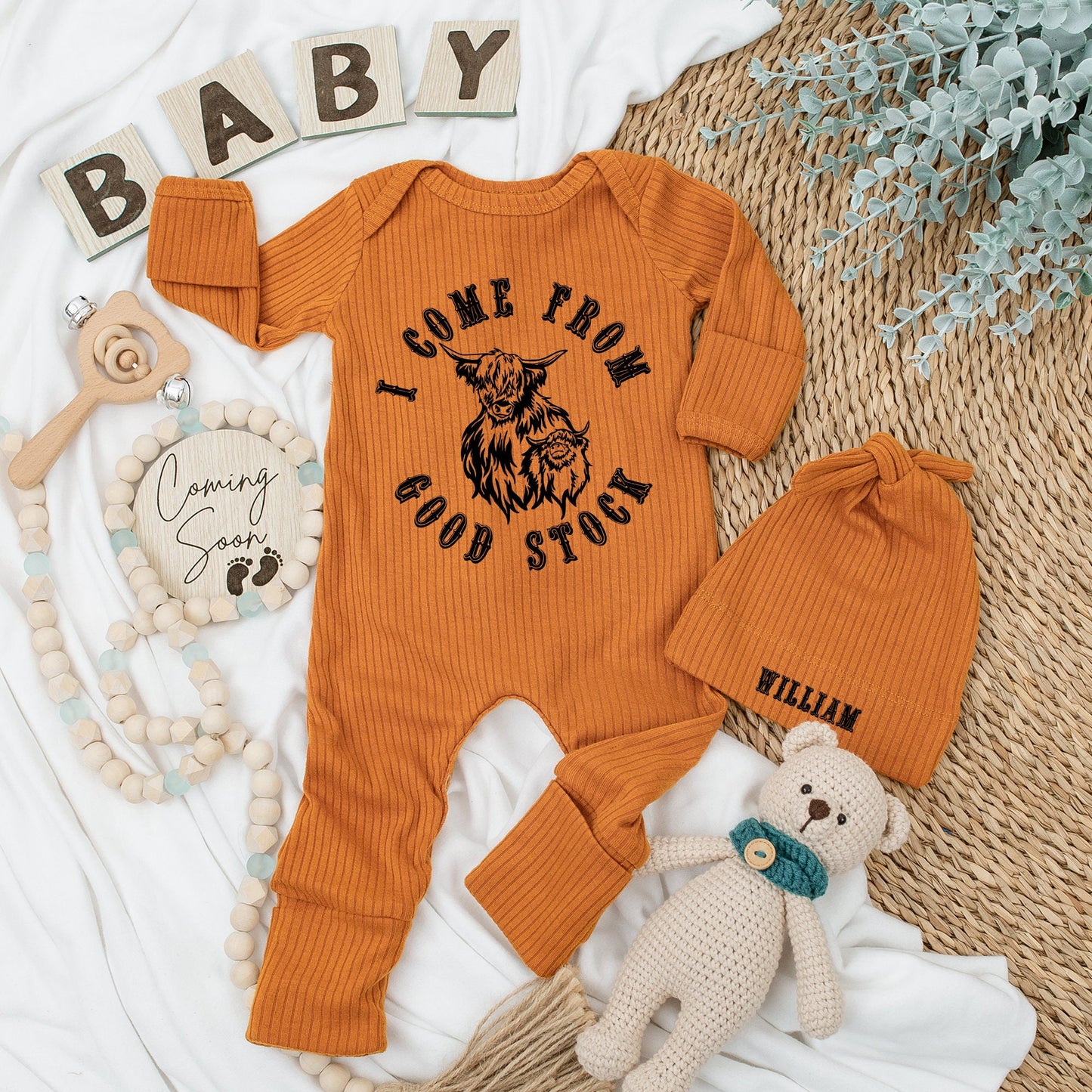 Highland Cow Baby Bodysuit Hat Set I Come From Good Stock William Newborn Infant Shower Gift Rustic Charming Long Sleeve Outfit