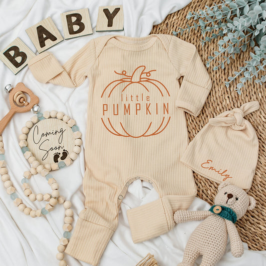 Personalized Little Pumpkin Baby Bodysuit and Hat Set with Custom Name White Minimalist Artwork Newborn Coming Home Outfit Long Sleeve Fall Gift