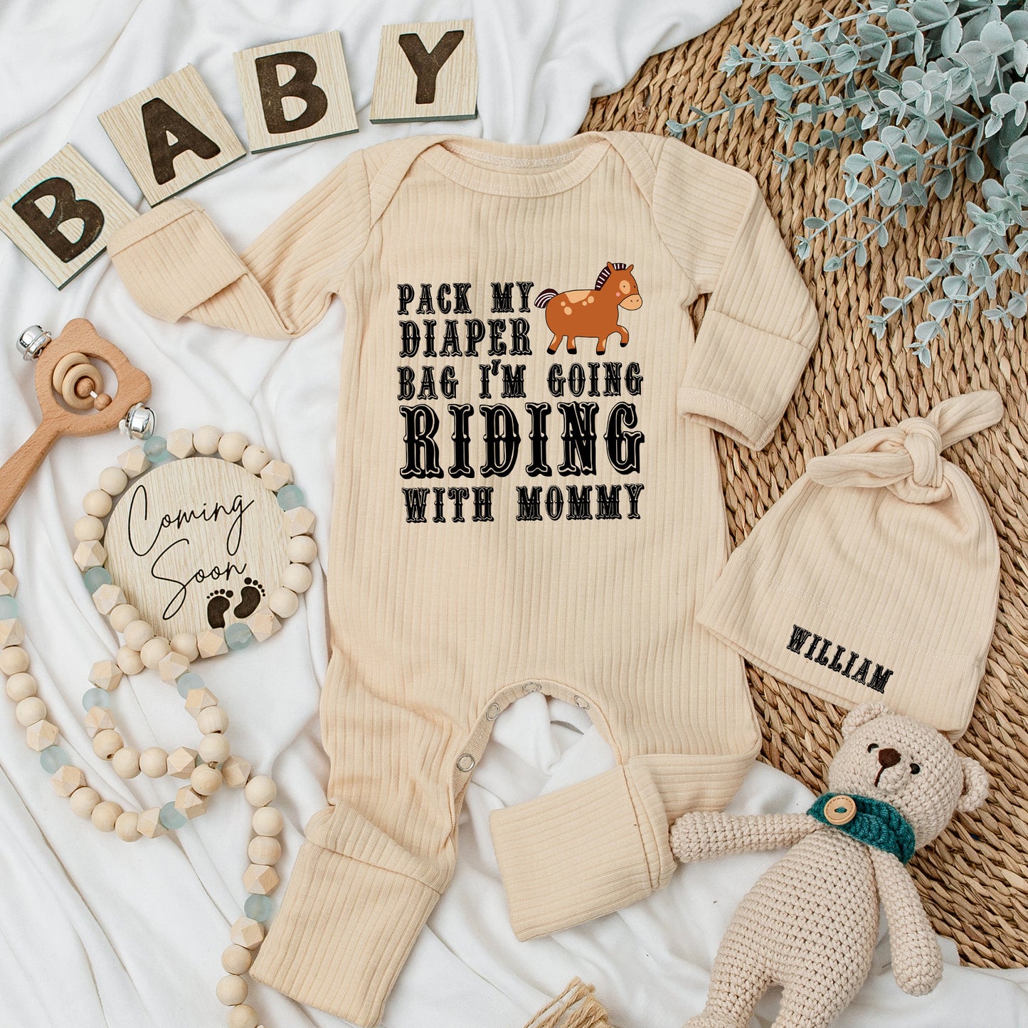 Personalized Western Horse Baby Bodysuit Hat Set Pack My Diaper Bag I'm Going Riding with Mommy Newborn Infant Funny Equestrian Country Outfit Gift Brown Black Design