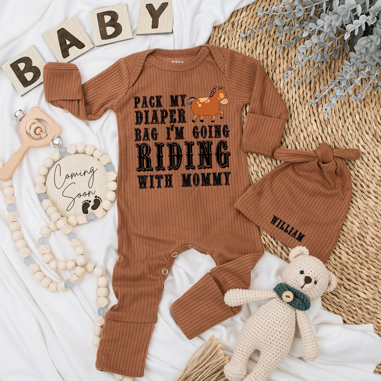 Personalized Western Horse Baby Bodysuit Hat Set Pack My Diaper Bag I'm Going Riding with Mommy Newborn Infant Funny Equestrian Country Outfit Gift Brown Black Design