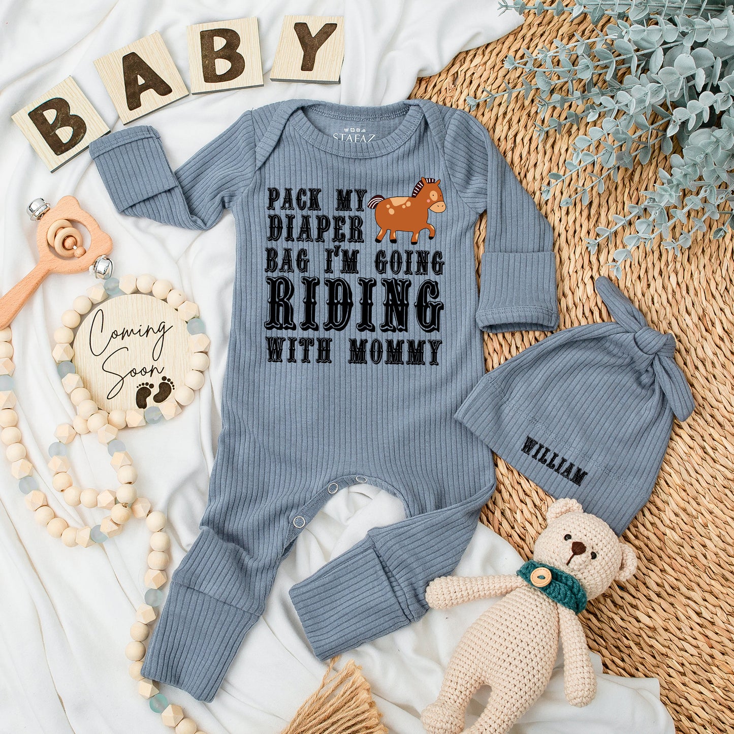 Personalized Western Horse Baby Bodysuit Hat Set Pack My Diaper Bag I'm Going Riding with Mommy Newborn Infant Funny Equestrian Country Outfit Gift Brown Black Design
