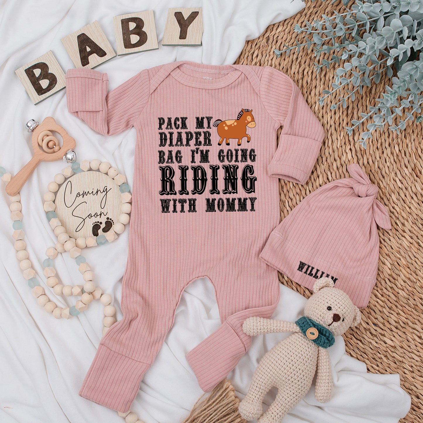 Personalized Western Horse Baby Bodysuit Hat Set Pack My Diaper Bag I'm Going Riding with Mommy Newborn Infant Funny Equestrian Country Outfit Gift Brown Black Design