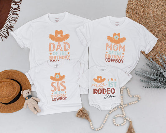 My First Rodeo Matching Family Shirts Western Cowboy Birthday Outfit with Vintage Cowboy Hat Design & Distressed Text for Mom Dad Sis