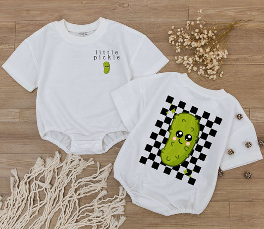 Cute Little Pickle Baby Romper Bodysuit with Whimsical Green Cartoon Face & Checkerboard Pattern Funny Vegan Infant Jumpsuit Gift