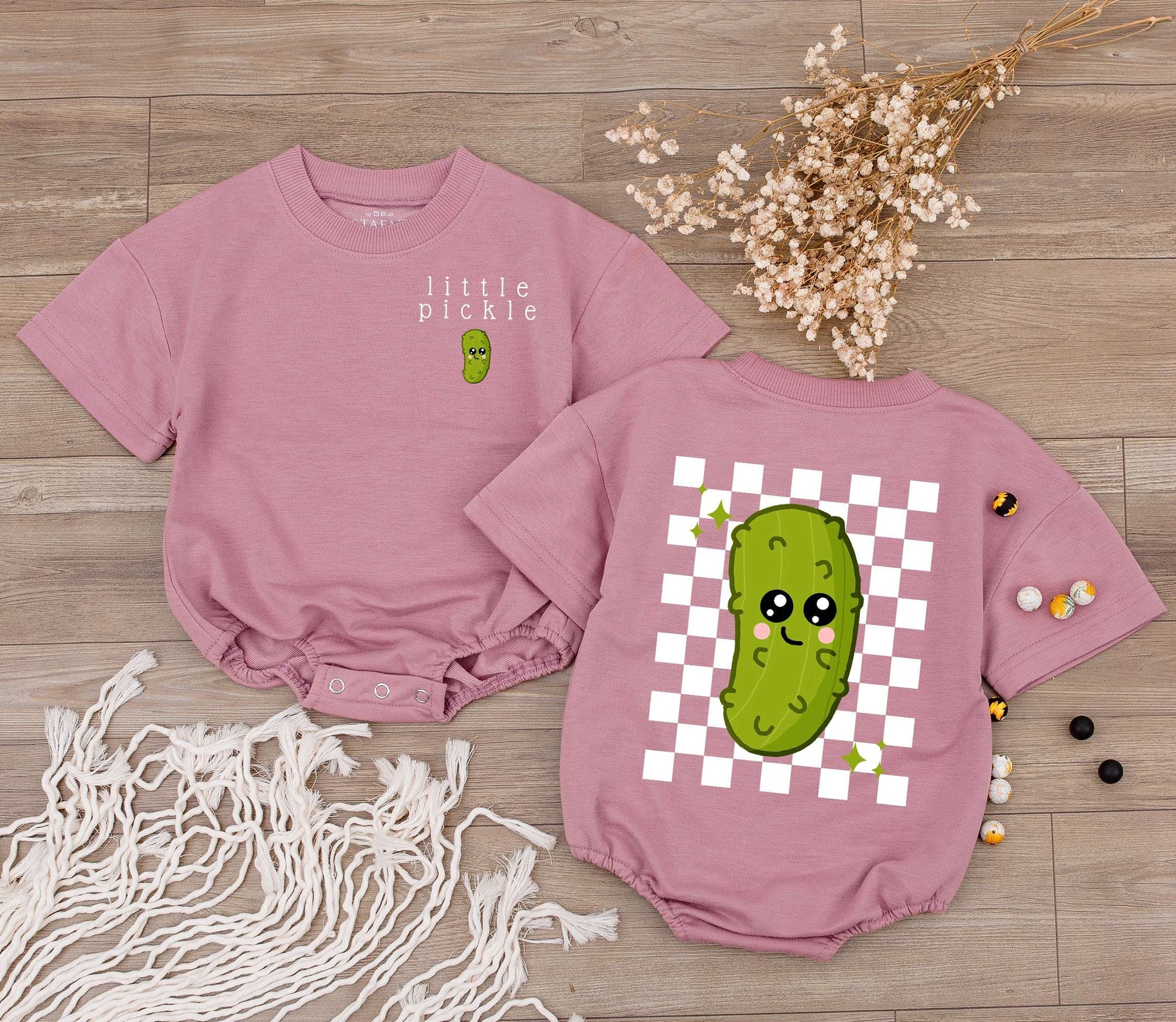 Cute Little Pickle Baby Romper Bodysuit with Whimsical Green Cartoon Face & Checkerboard Pattern Funny Vegan Infant Jumpsuit Gift