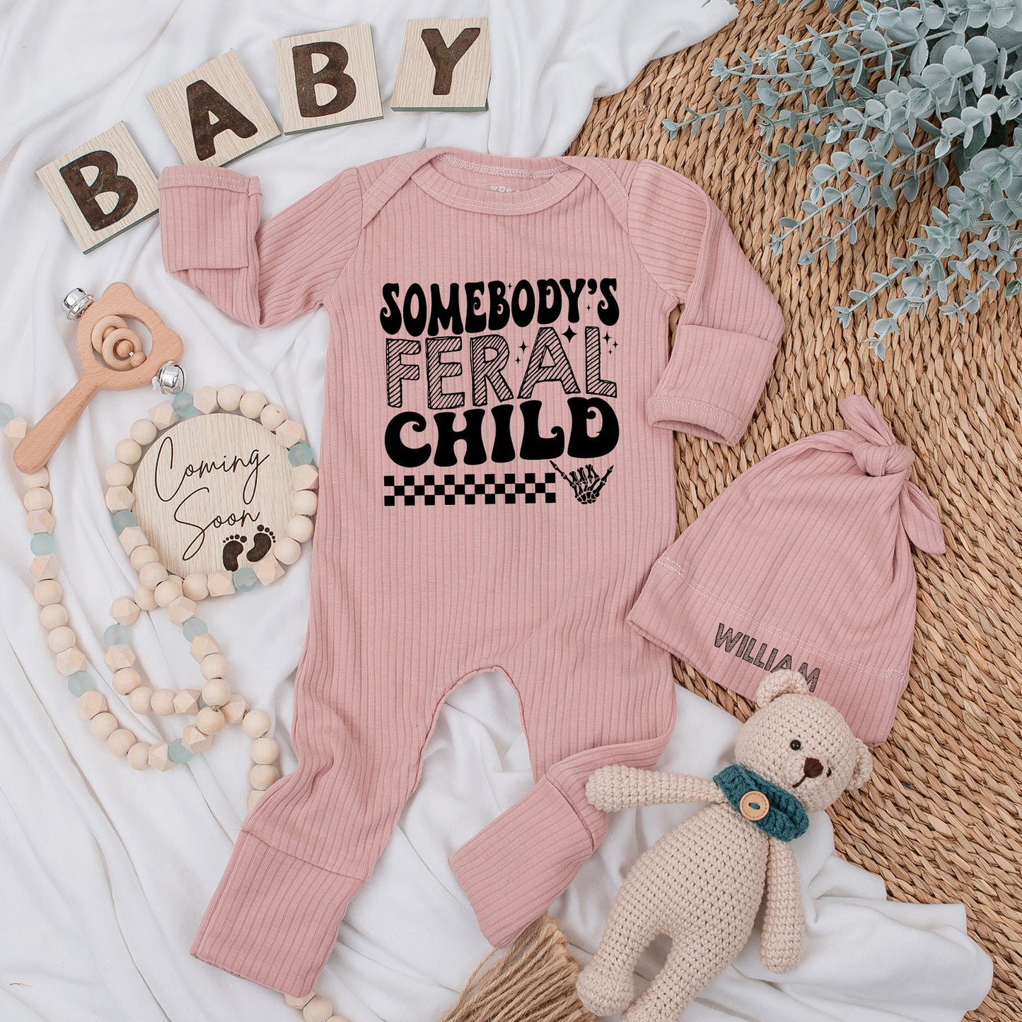 Somebody's Feral Child Baby Bodysuit and Hat Set Long Sleeve Newborn Gift Baby Shower Coming Home Outfit Black Checkered Skeleton Hand Design