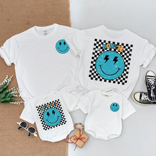 Personalized Retro Auntie's Boy Outfit Matching Auntie Nephew Shirt Turquoise Smiley Face Lightning Baby Romper Checkered Vintage Design Newborn Gift