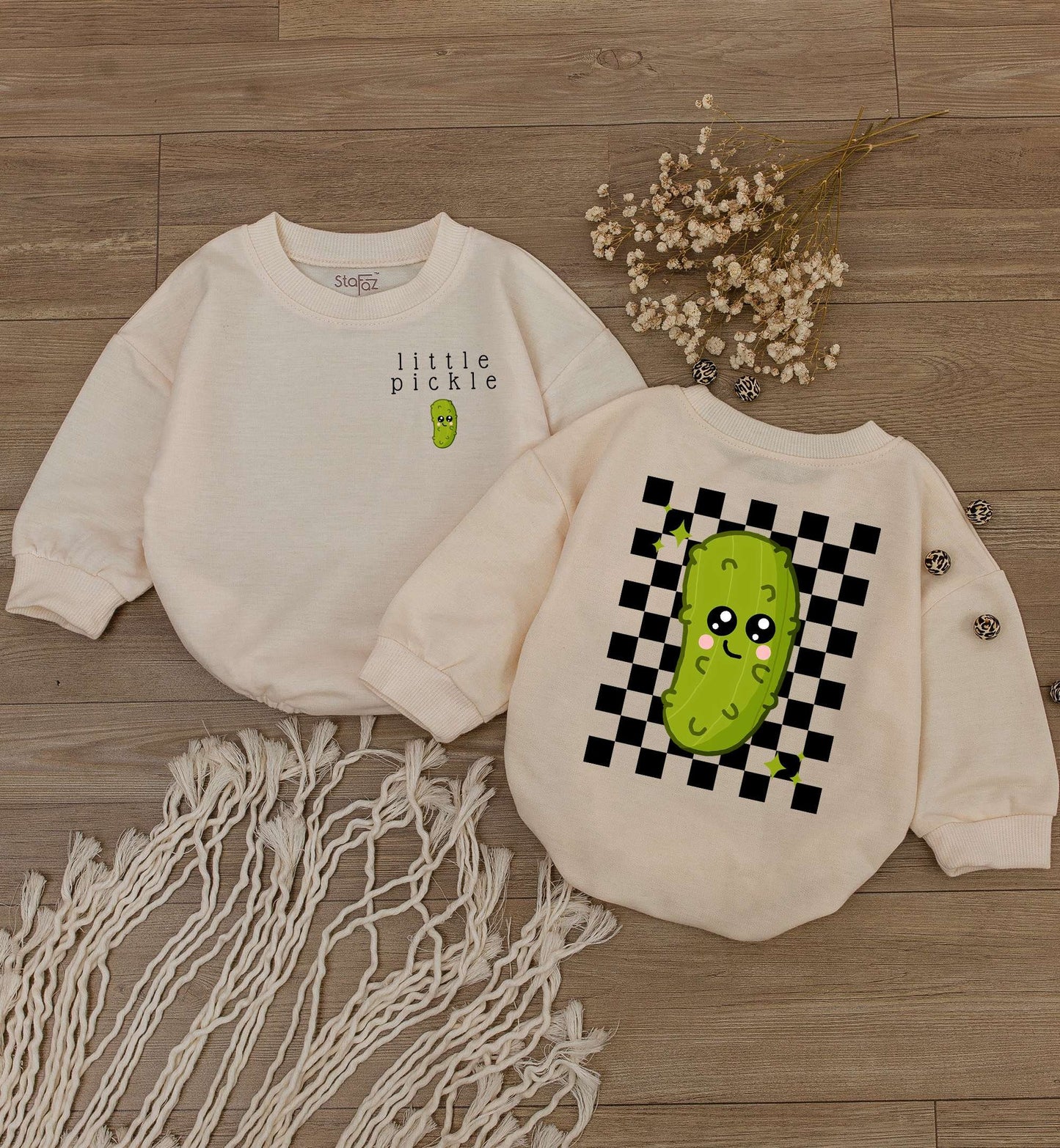 Adorable Kawaii Little Pickle Baby Romper Bodysuit Funny Jumpsuit One Piece Green Checkered Design Soft Comfortable Vegan Outfit