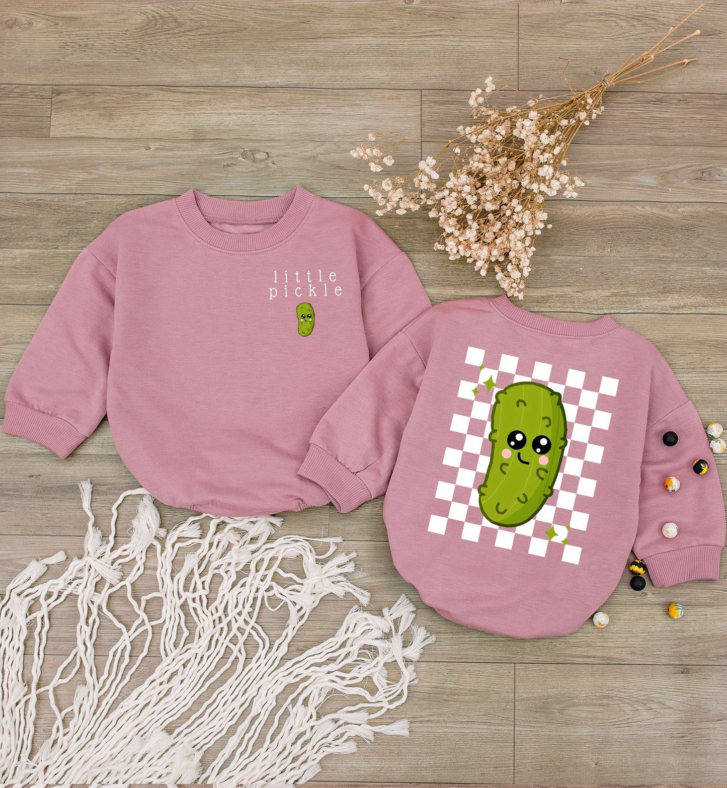 Adorable Kawaii Little Pickle Baby Romper Bodysuit Funny Jumpsuit One Piece Green Checkered Design Soft Comfortable Vegan Outfit