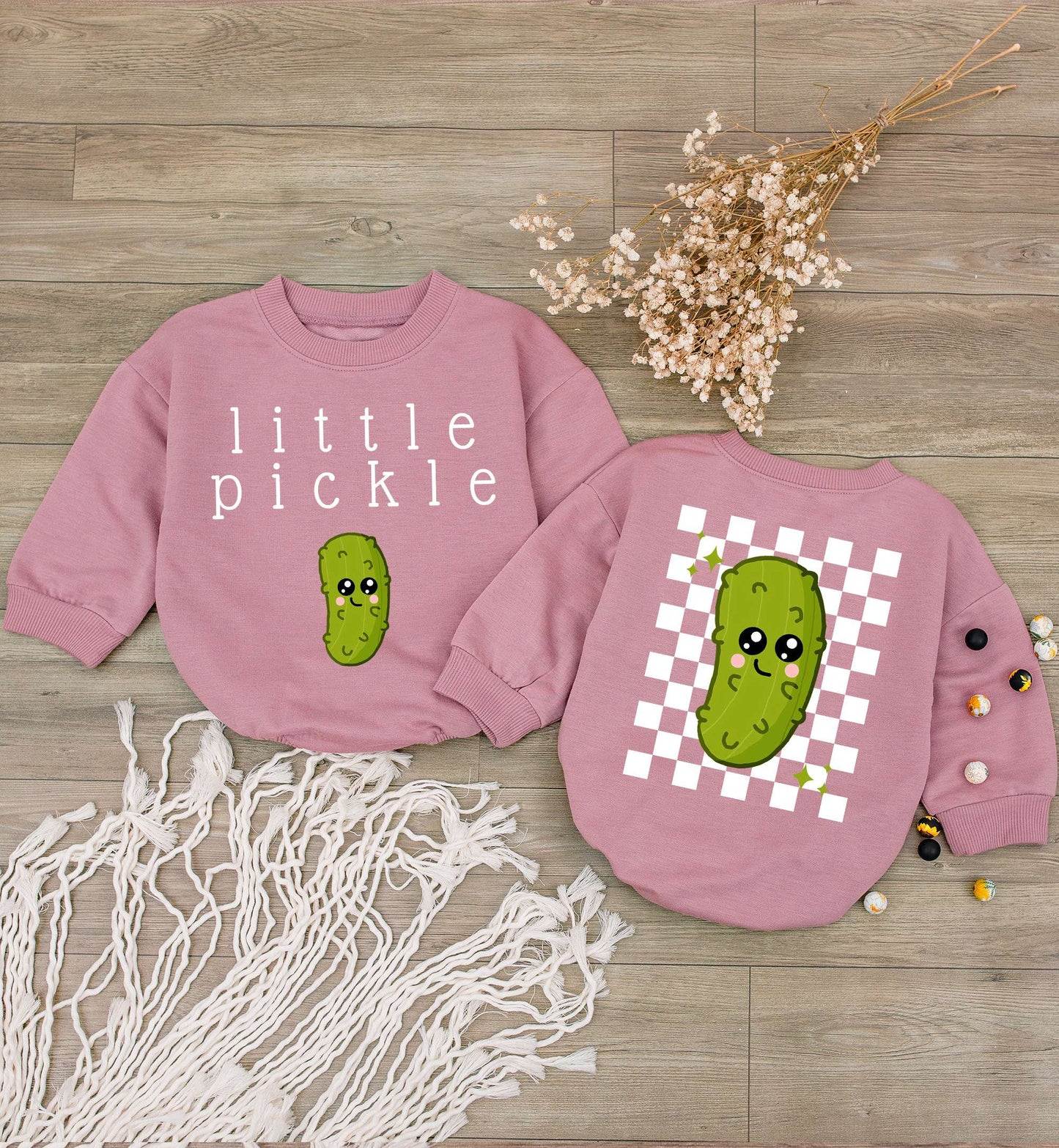 Cute Little Pickle Baby Romper Bodysuit featuring Smiling Green Cartoon Pickle and Checkerboard Design, Funny Infant Jumpsuit One Piece Vegan Gift