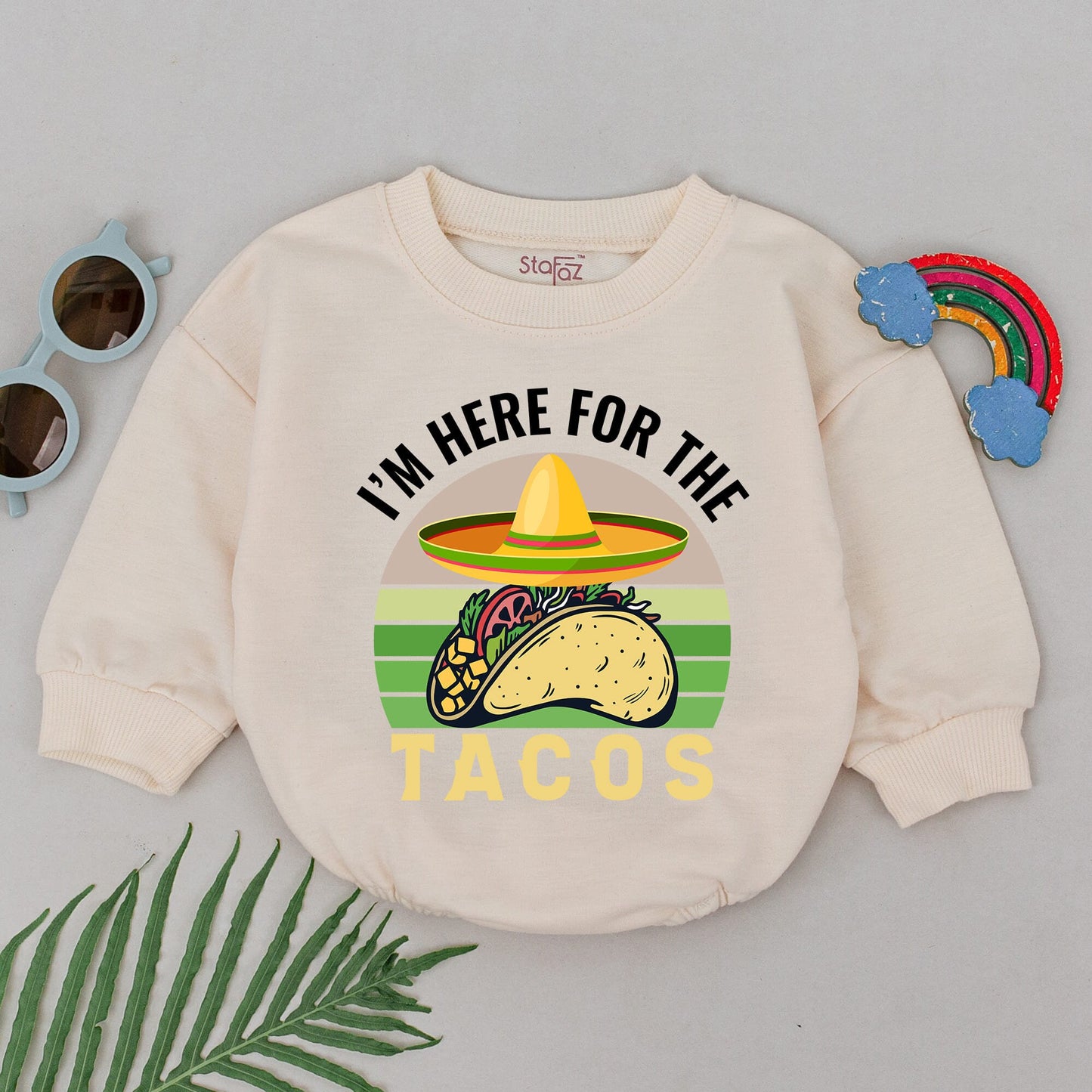 I'm Here for the Tacos Romper Festive Cinco de Mayo Baby Bodysuit Sombrero Graphic Retro Sunset Mexican First Birthday Taco Bout One Gift
