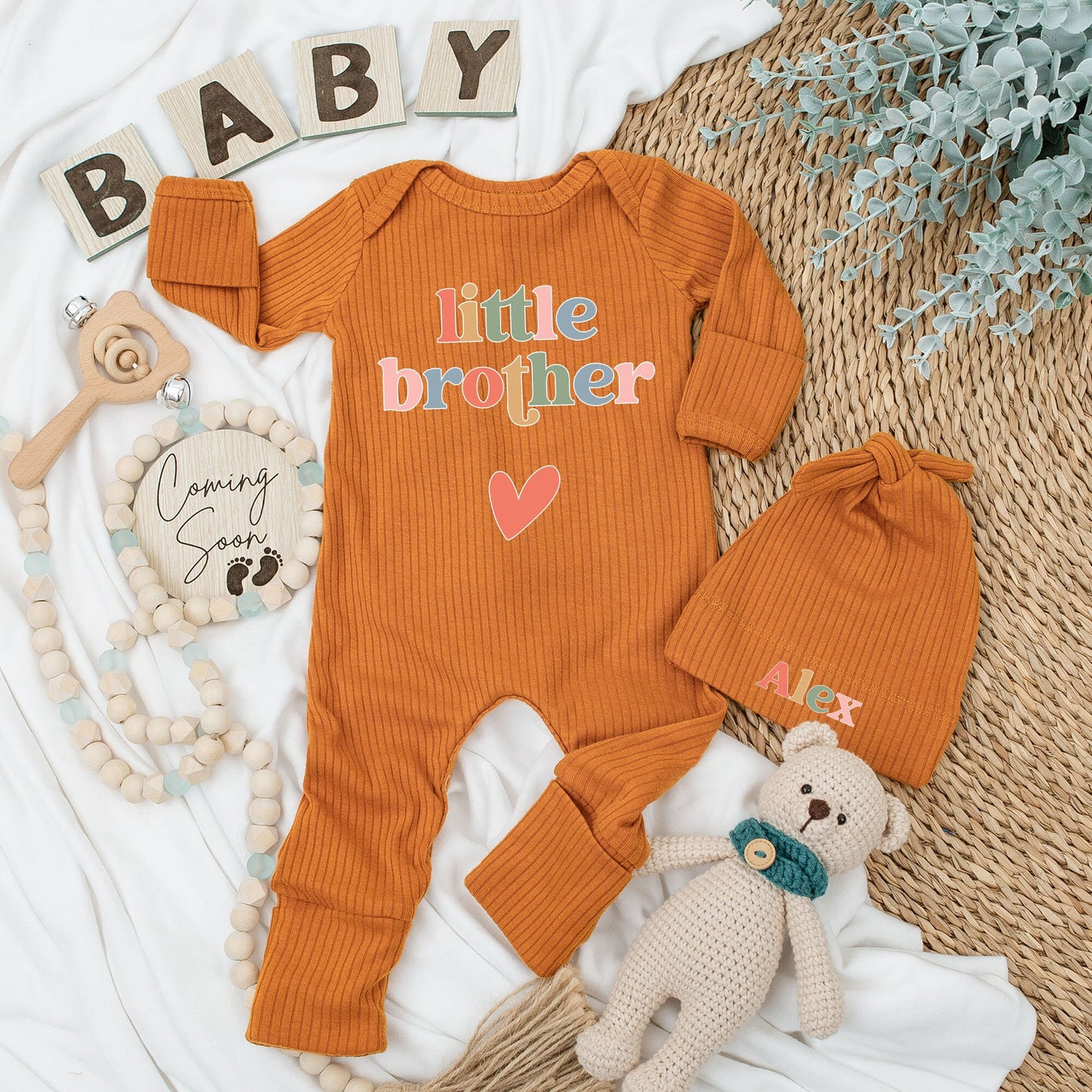 Little Brother Baby Bodysuit and Hat Set Playful Modern Unisex Newborn Outfit Colorful Letters Red Heart Design New Baby Gift