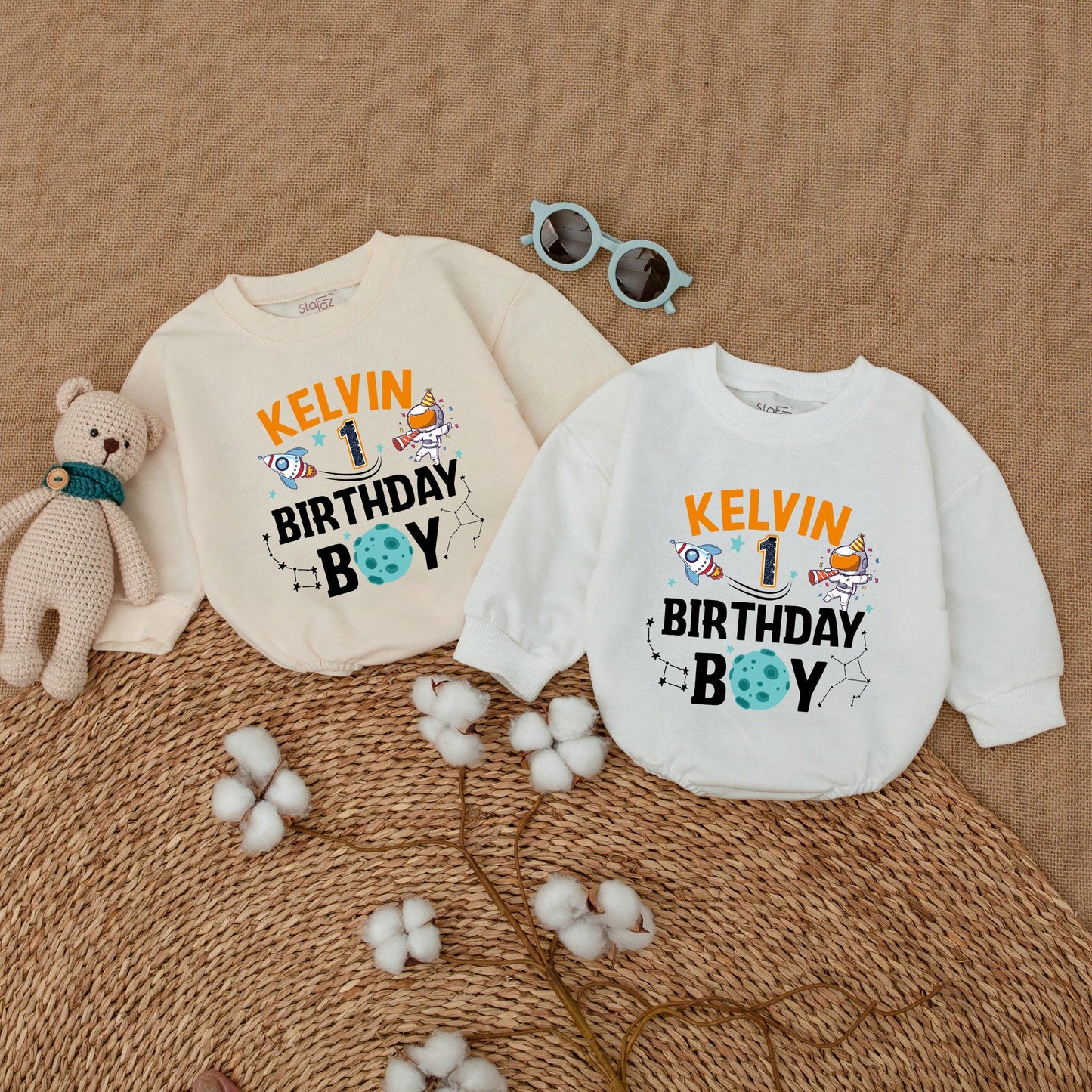 Personalized Space Birthday Boy Romper First Trip Around The Sun Bodysuit Astronaut Rocket Star Party Outfit with Custom Name