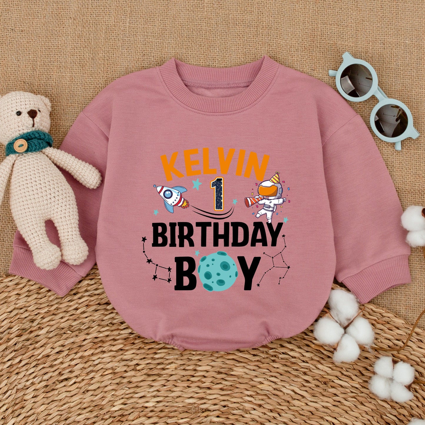 Personalized Space Birthday Boy Romper First Trip Around The Sun Bodysuit Astronaut Rocket Star Party Outfit with Custom Name