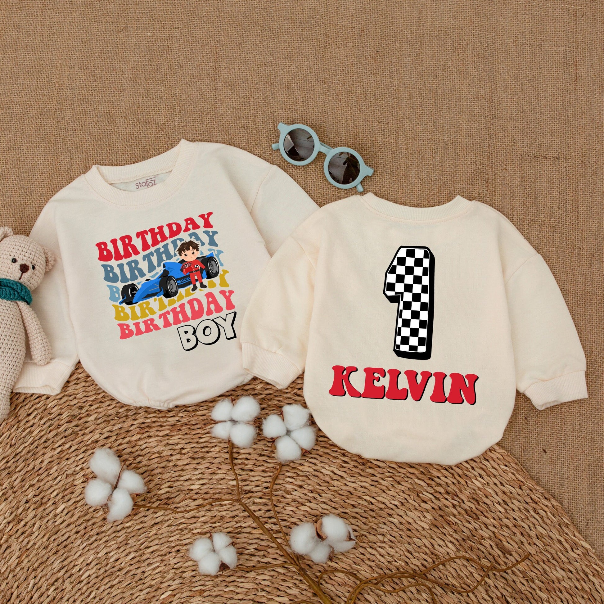 Personalized Race Car Fast One Birthday Boy Romper 1st Birthday Outfit colorful layered retro text infant baby bodysuit Cake Smash celebration gift