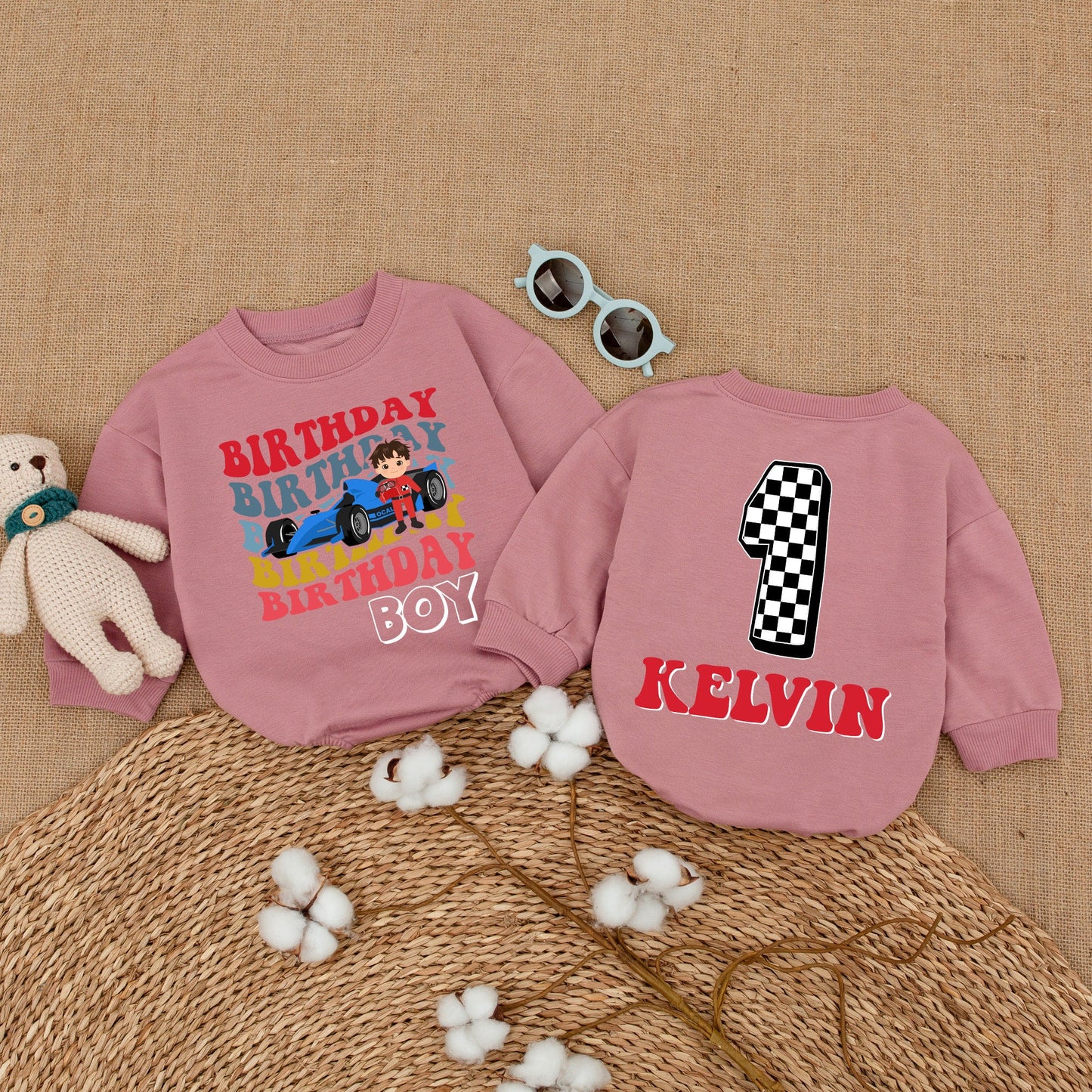 Personalized Race Car Fast One Birthday Boy Romper 1st Birthday Outfit colorful layered retro text infant baby bodysuit Cake Smash celebration gift