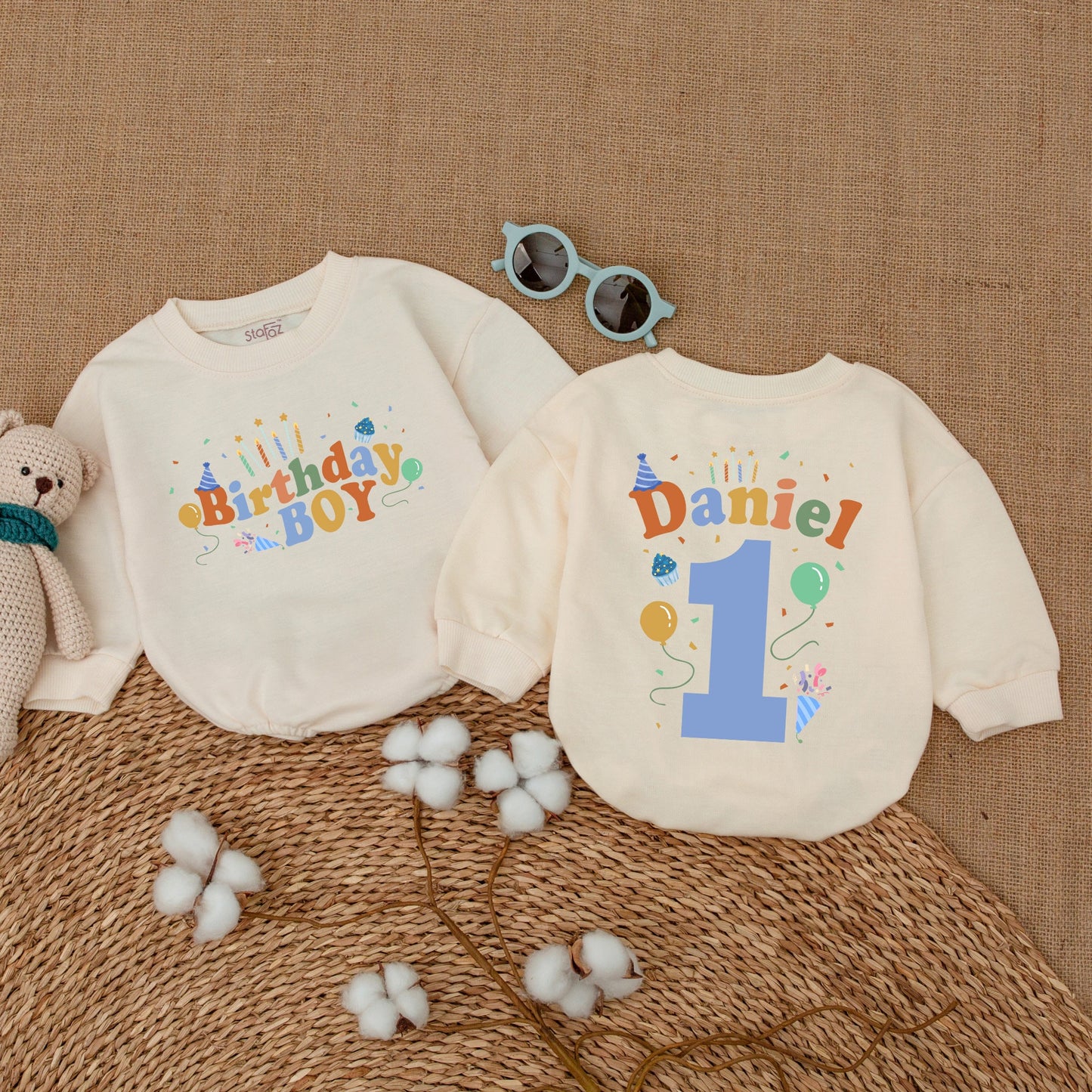 Personalized First Birthday Boy Romper Daniel's Name Bright Blue Orange Cake Smash Outfit with Confetti Candles Balloons Party Hat Design