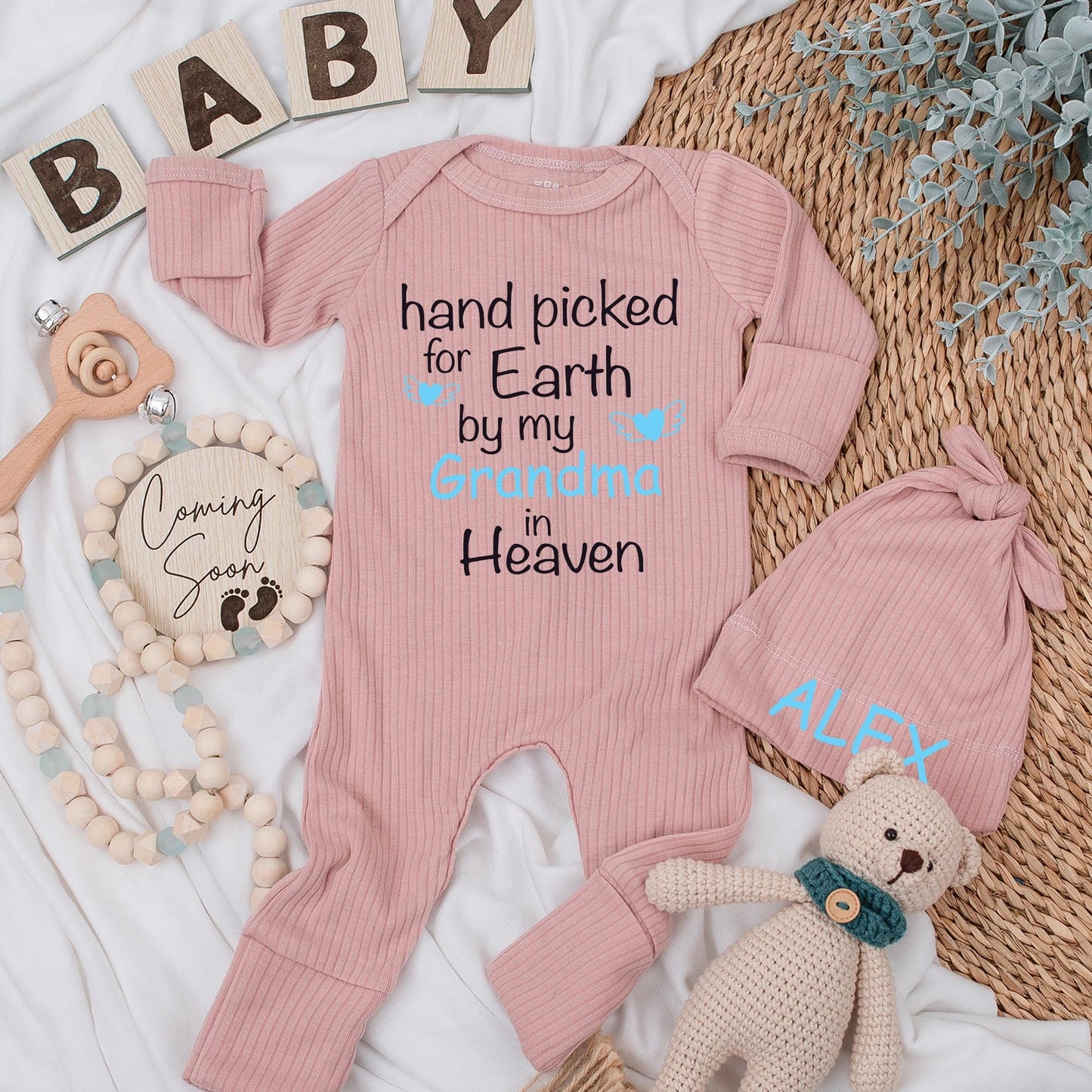 Hand Picked for Earth by My Grandma in Heaven Baby Bodysuit Sweet Sentimental Gift Soft Cotton Pregnancy Announcement Newborn Clothes Light Blue Heart Wings