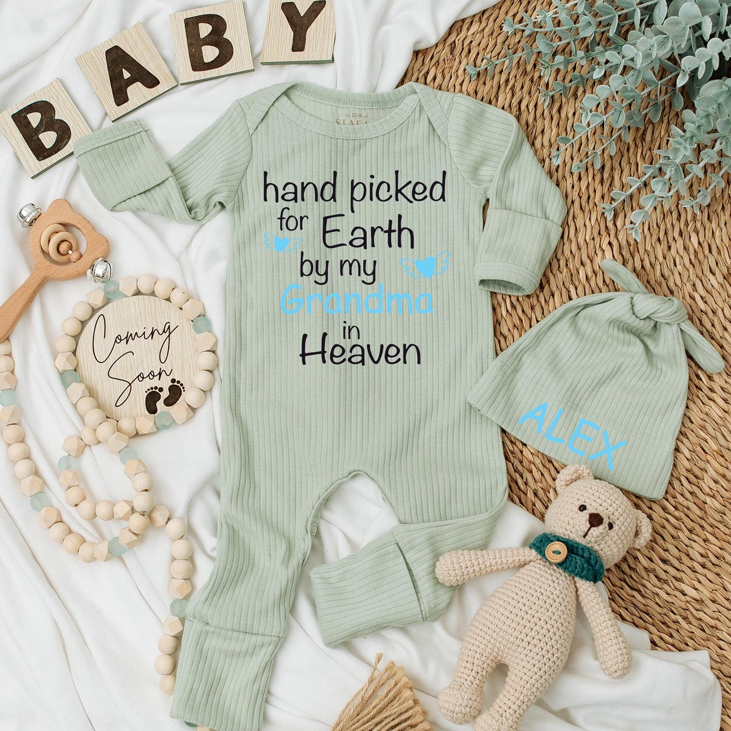 Hand Picked for Earth by My Grandma in Heaven Baby Bodysuit Sweet Sentimental Gift Soft Cotton Pregnancy Announcement Newborn Clothes Light Blue Heart Wings