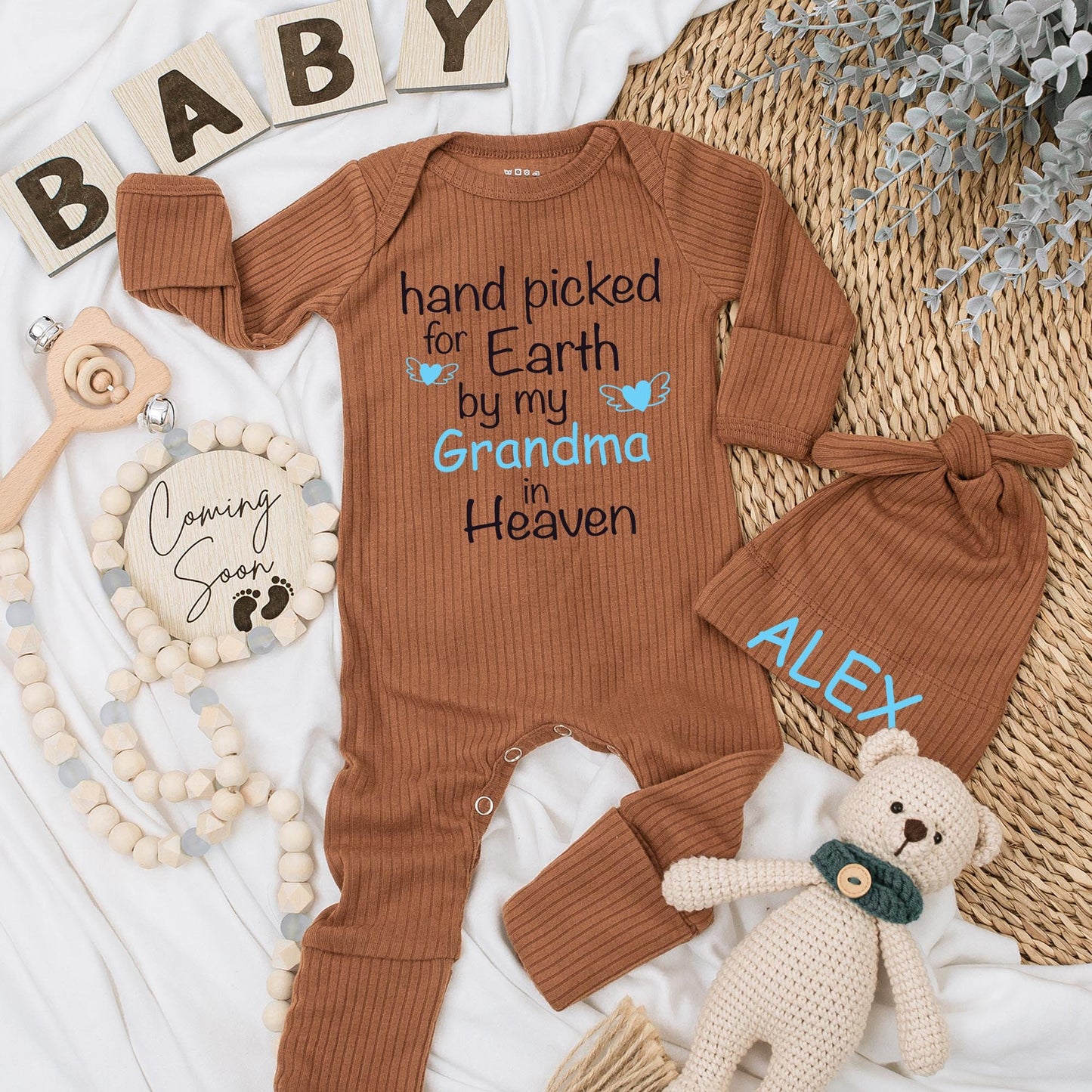 Hand Picked for Earth by My Grandma in Heaven Baby Bodysuit Sweet Sentimental Gift Soft Cotton Pregnancy Announcement Newborn Clothes Light Blue Heart Wings