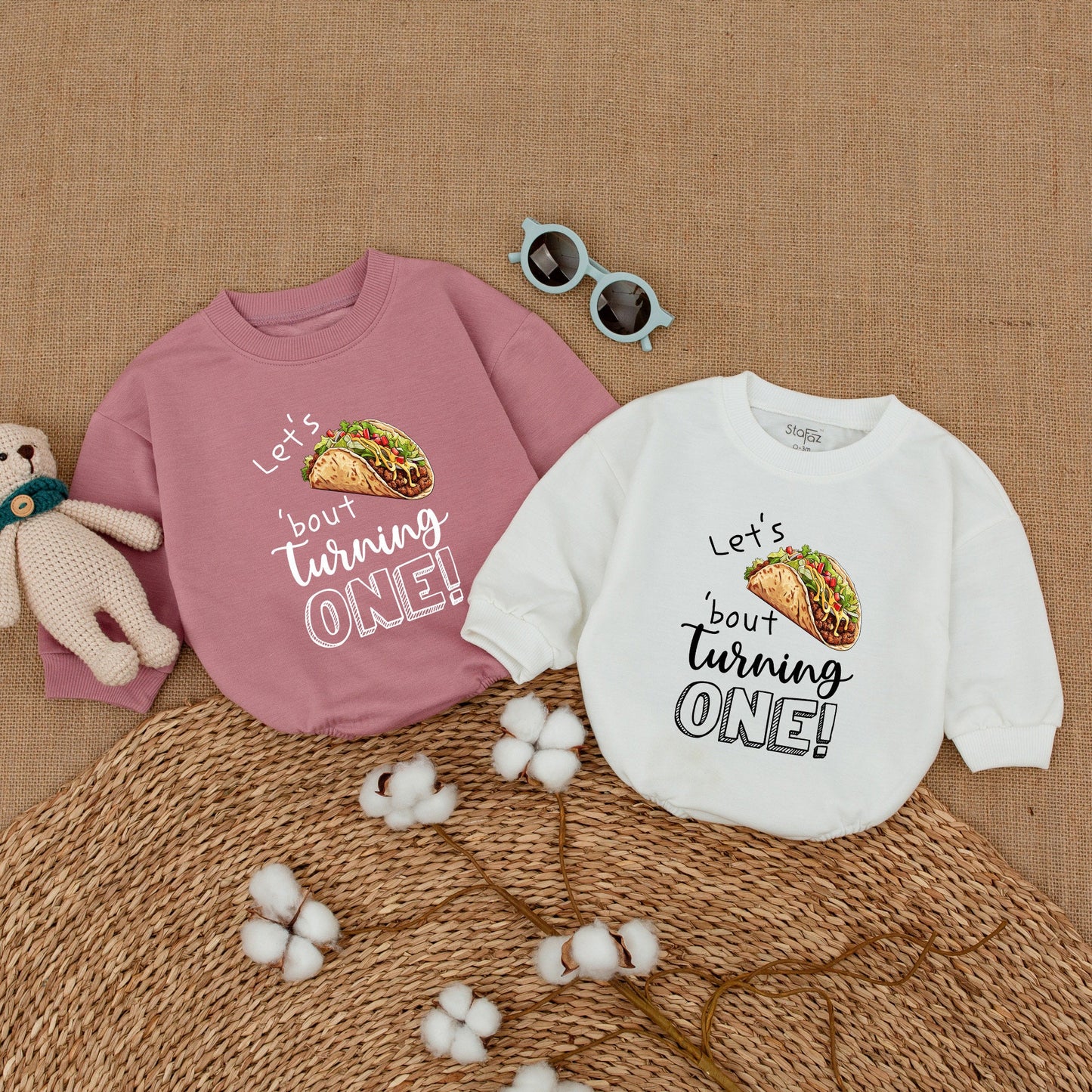 Baby Girl First Birthday Taco Bodysuit Fiesta Romper Let's Taco 'bout Turning ONE My First Fiesta Celebration Outfit with Playful Colorful Illustrations
