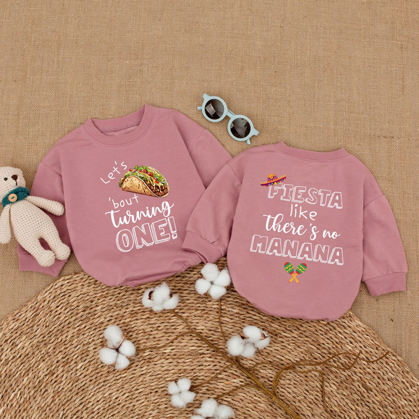 Baby Girl First Birthday Taco Bodysuit Fiesta Romper Let's Taco 'bout Turning ONE My First Fiesta Celebration Outfit with Playful Colorful Illustrations