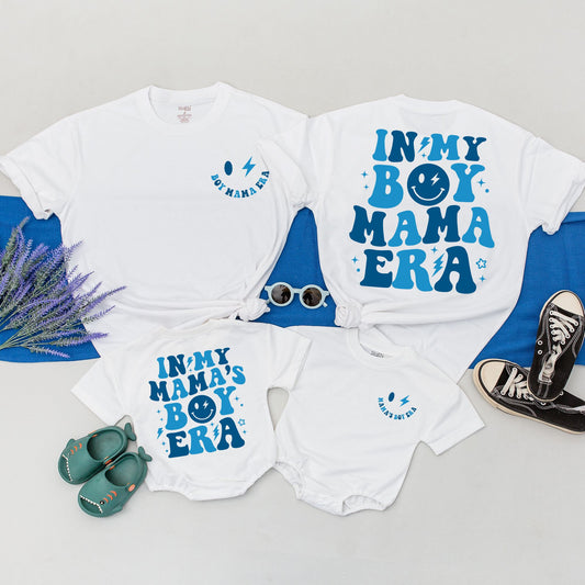 In My Boy Mama Era Matching Family Outfit Playful Retro Blue Smiley Star Design Apparel for New Mom Son Baby Shower Mother's Day Gift Idea