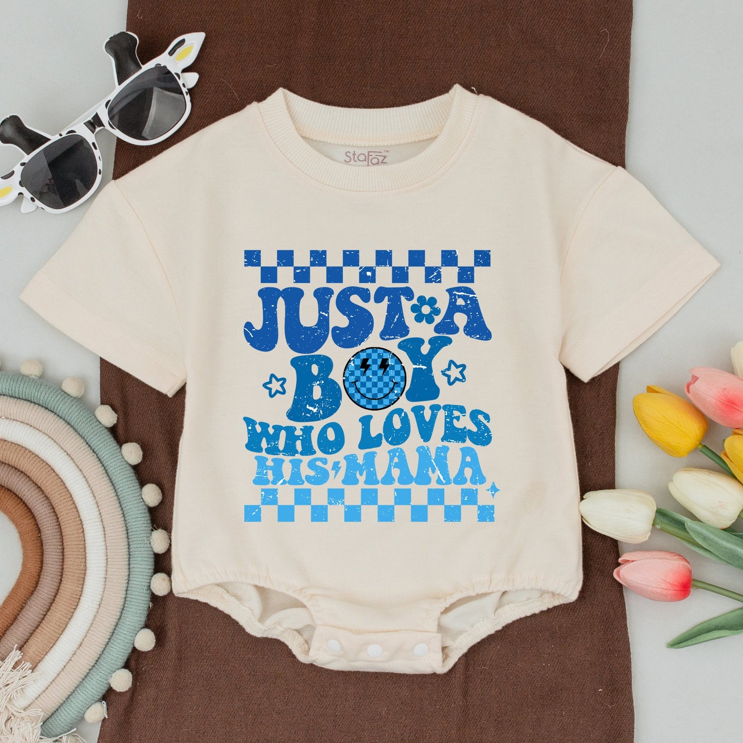 Mama and Son Matching Retro Blue Checkerboard Shirts Mamas Boy Outfits First Mother Day Baby Bodysuit Playful Distressed Star Flower