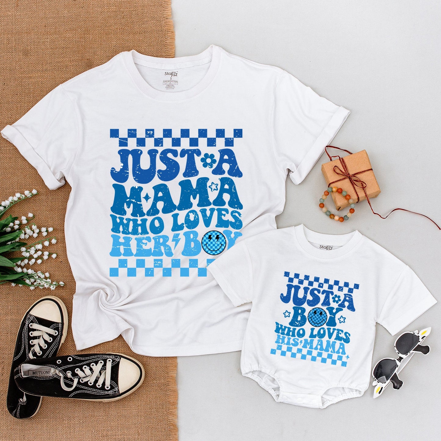 Mama and Son Matching Retro Blue Checkerboard Shirts Mamas Boy Outfits First Mother Day Baby Bodysuit Playful Distressed Star Flower