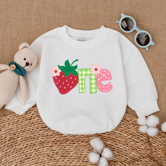Baby Girl Sweet One Strawberry First Birthday Bubble Romper Smash Cake Outfit with Playful Berry Gingham Polka Dot Floral Design