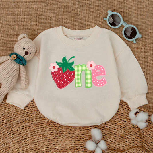 Baby Girl Sweet One Strawberry First Birthday Bubble Romper Smash Cake Outfit with Playful Berry Gingham Polka Dot Floral Design