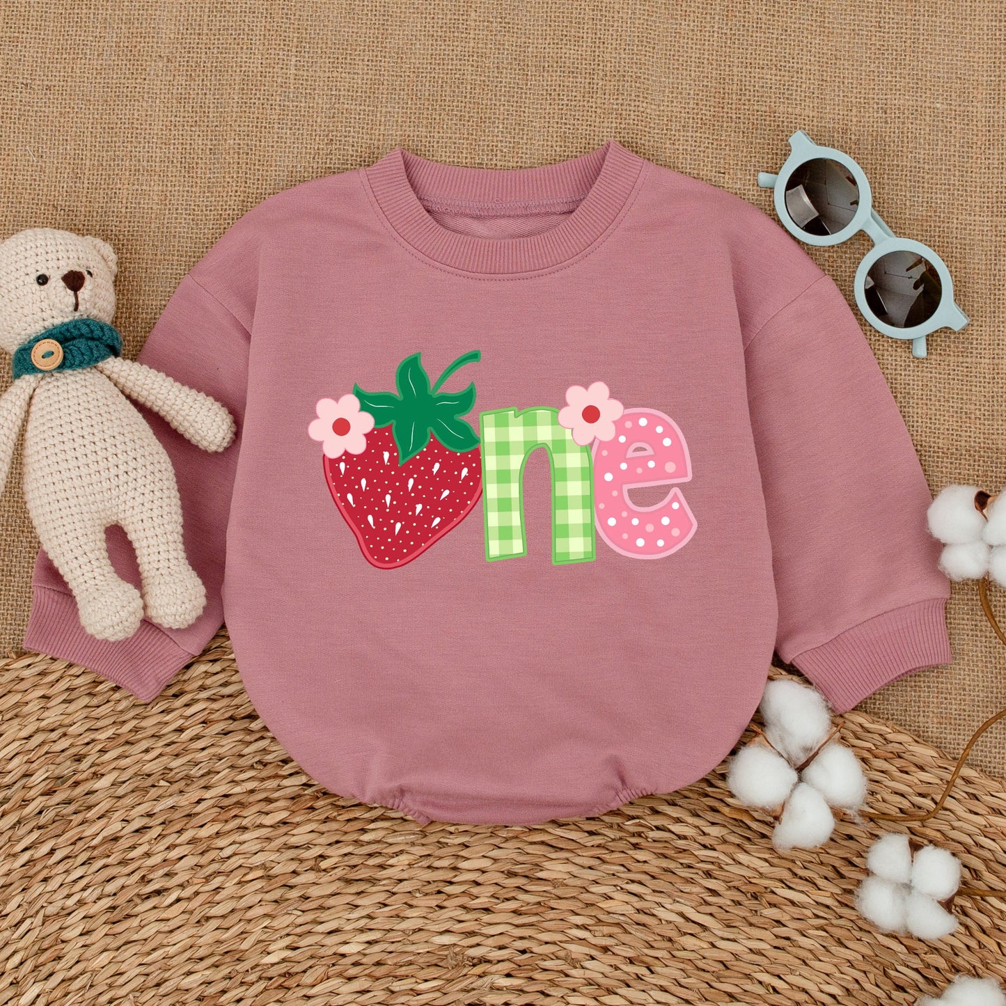 Baby Girl Sweet One Strawberry First Birthday Bubble Romper Smash Cake Outfit with Playful Berry Gingham Polka Dot Floral Design