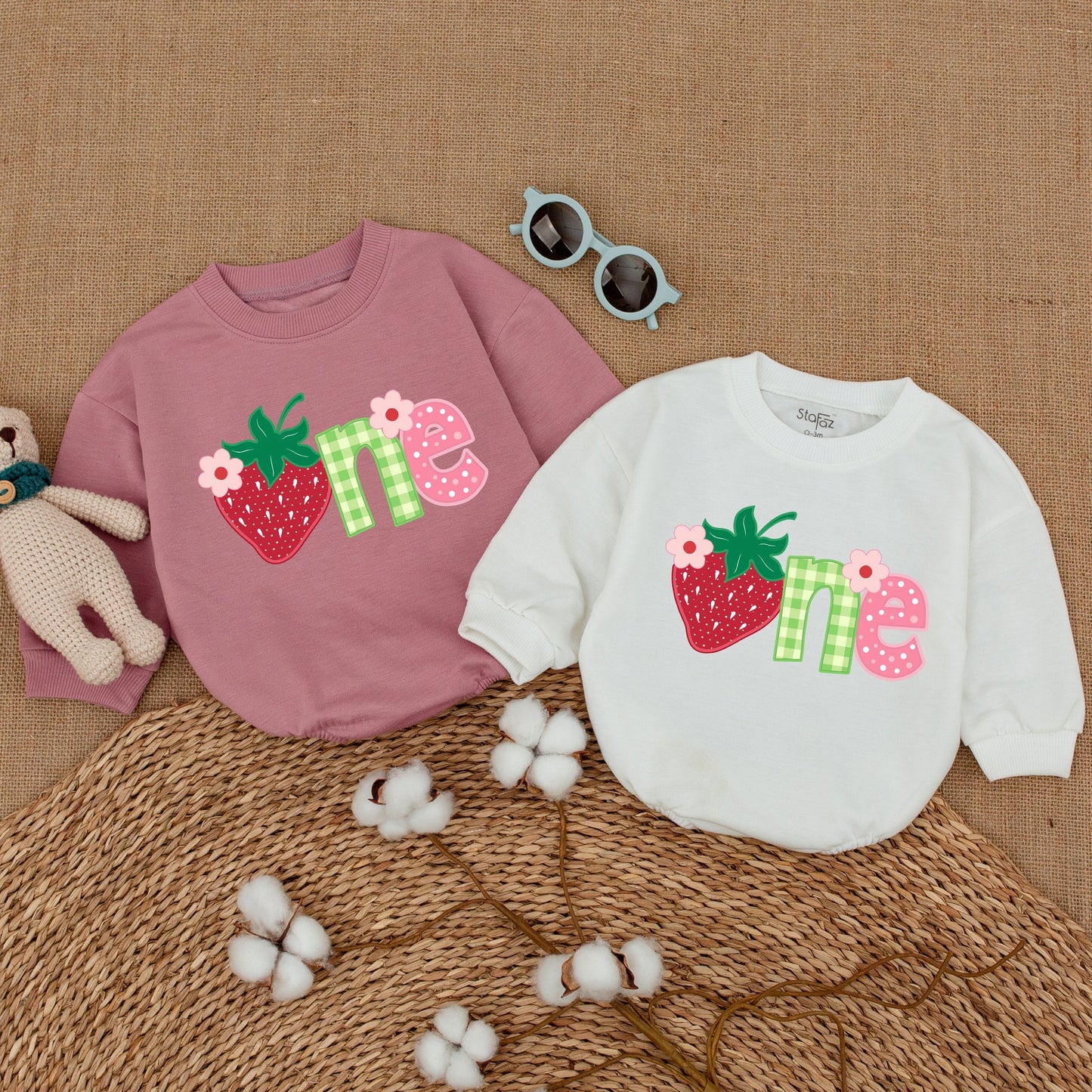 Baby Girl Sweet One Strawberry First Birthday Bubble Romper Smash Cake Outfit with Playful Berry Gingham Polka Dot Floral Design