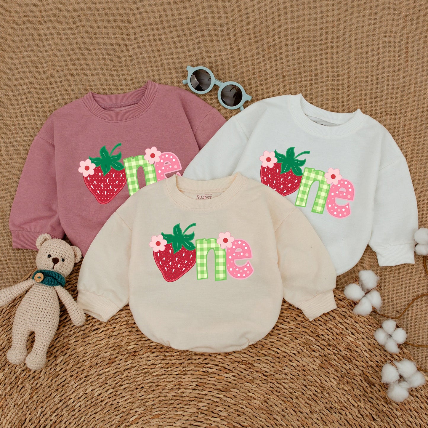 Baby Girl Sweet One Strawberry First Birthday Bubble Romper Smash Cake Outfit with Playful Berry Gingham Polka Dot Floral Design