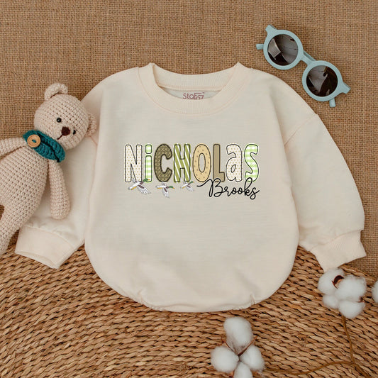 Personalized Nicholas Brooks Duck Romper, Mallard Duckling Baby Bodysuit, Custom Name Duck Hunting Outfit, Funny Animal Baby Shower Gift