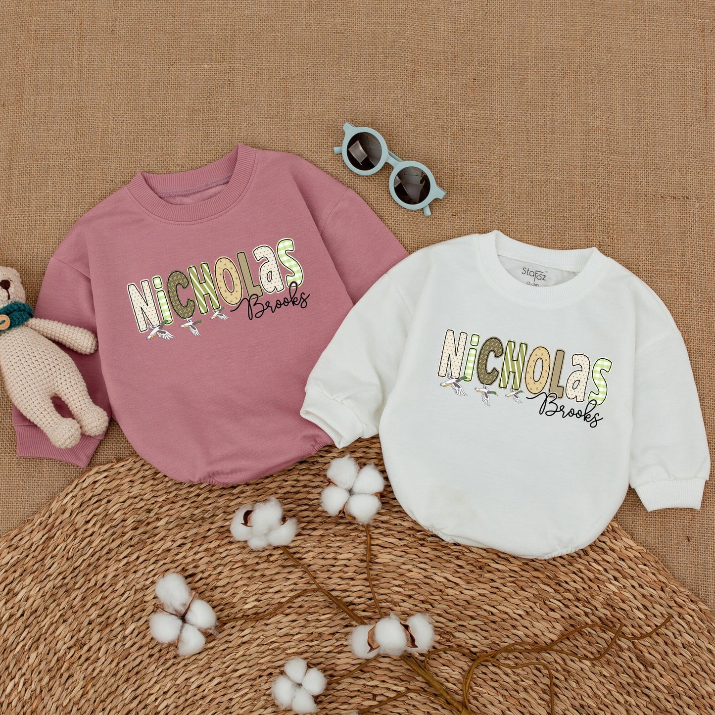Personalized Nicholas Brooks Duck Romper, Mallard Duckling Baby Bodysuit, Custom Name Duck Hunting Outfit, Funny Animal Baby Shower Gift