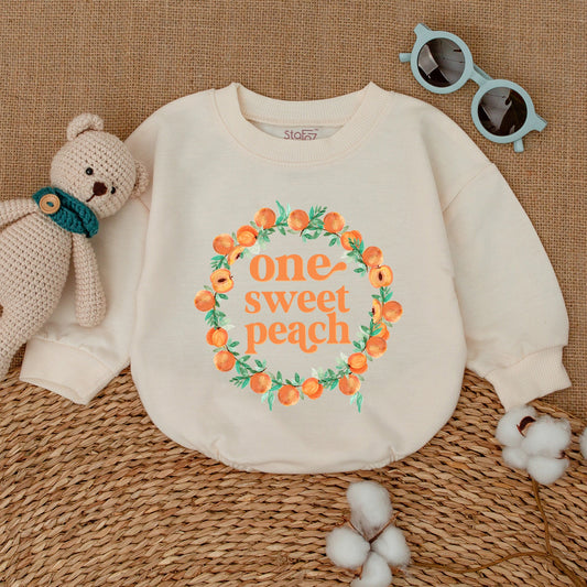 Sweet One Peach 1st Birthday Romper Baby Girl Outfit Whimsical Fruit Design Smash Cake Photo Session Gift Comfortable Cotton Bodysuit
