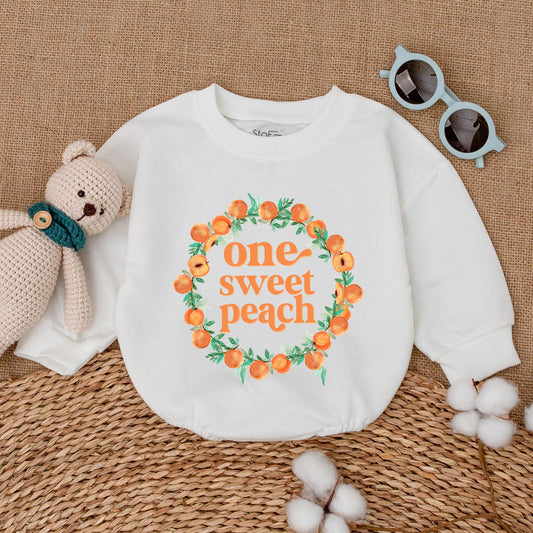 Sweet One Peach 1st Birthday Romper Baby Girl Outfit Whimsical Fruit Design Smash Cake Photo Session Gift Comfortable Cotton Bodysuit