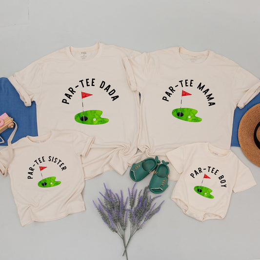 Par-Tee Crew Golf First Birthday Shirt for Dad Mama Brother Boy with Playful Green Flag Ball Design Hole in One Party Celebration Outfit