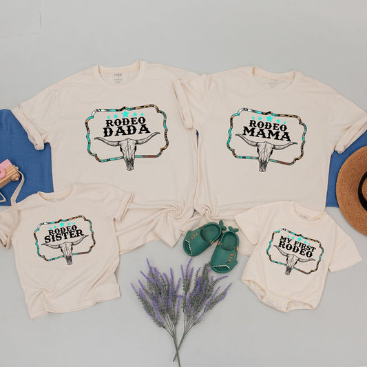 My First Rodeo Family Birthday Shirts, Matching Western Baby Outfit with Turquoise Leopard Frame Bull Skull Design, Playful Vintage Cowboy Theme